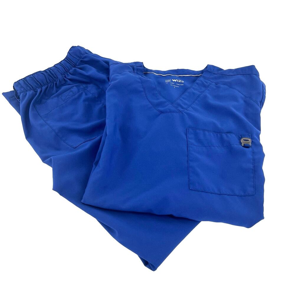 Wonder Wink women’s cobalt blue scrub set. Top L and pants M